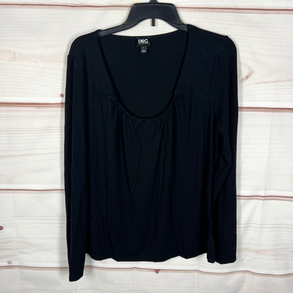 INC Concepts Top Women Large Black Solid Ribbed Sleeve Stretch Knit Pullover